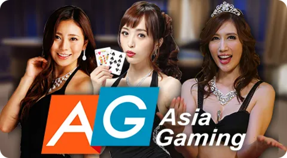แบนเนอร์โปรโมท asia gaimnig แสดงโลโก้ AG และคำว่า Asia Gaming ด้านหน้าเป็นผู้หญิงสามคนสวมชุดราตรีสีดำและเครื่องประดับ หญิงกลางถือไพ่ พื้นหลังเป็นบรรยากาศคาสิโนมีเครื่องสล็อต เก้าอี้ และกราฟิกธีมเกมพนันให้ความรู้สึกคาสิโนสด