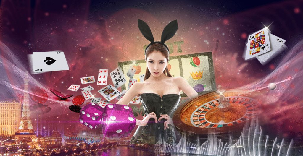 แบนเนอร์โปรโมท asia gaimnig แนวคาสิโนแฟนตาซี แสดงผู้หญิงใส่ชุดคอร์เซ็ตสไตล์บันนี่ยืนกลางภาพ ด้านขวาเป็นวงล้อรูเล็ตขนาดใหญ่ ด้านหน้าและกลางมีลูกเต๋าสีม่วง ขอนไพ่และชิปลอยไปมา ทางหลังมีหน้าจอสลอตและไพ่หลุดลอย พื้นล่างเป็นเส้นขอบฟ้าเมืองและน้ำพุสว่างไสว ทั้งภาพมีโทนสีม่วง-ชมพูและประกายแสงให้ความรู้สึกบรรยากาศคาสิโนสุดหรูและตื่นเต้น