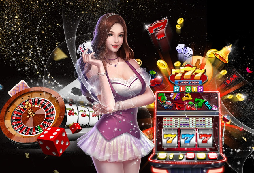 แบนเนอร์โปรโมท asia gaimnig แนวคาสิโนแฟนตาซี แสดงผู้หญิงสวมชุดบันนี่โทนม่วง-ขาวยืนกลางภาพ ล้อมรอบด้วยตู้สล็อต (สัญลักษณ์ 7), วงล้อรูเล็ต, ลูกเต๋าแดง ชิป ไพ่ และเหรียญทองที่ลอยอยู่ทั่วภาพ พื้นหลังเป็นประกายดาวสีดำ-ทองและเอฟเฟกต์แสงให้ความรู้สึกหรูหรา ตื่นเต้น และบรรยากาศคาสิโนสไตล์เวกัส